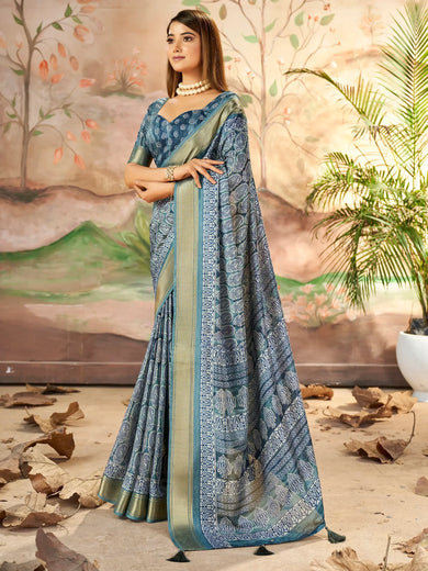 Attractive Slate Grey Printed Dola Silk Casual Wear Saree With Blouse